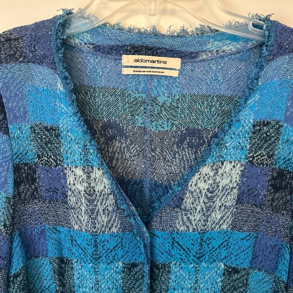 Aldo Martins Blue Patchwork Plaid Shirt Knit Cardigan Fringe Pockets Sz 6 Artsy - Picture 2 of 7